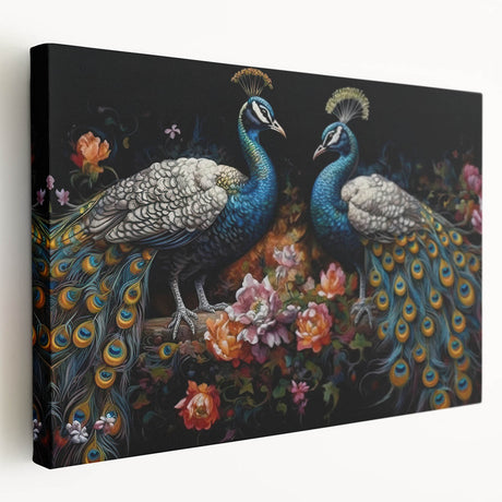 Vibrant peacock design stretched canvas wall art showcasing intricate feather details and rich colors, perfect for enhancing home decor and artistic ambiance.