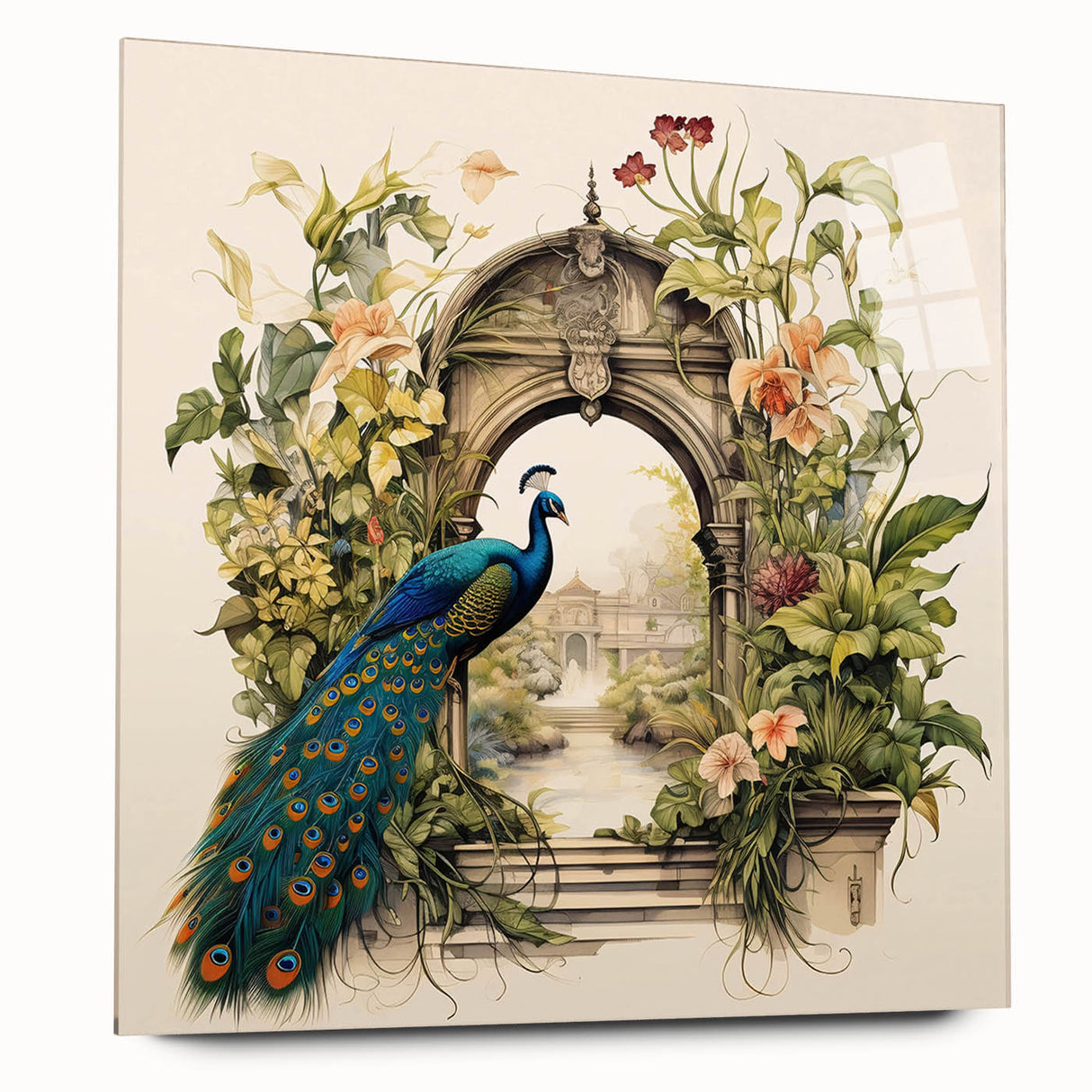 Vibrant peacock design wall art collection displayed in acrylic glass, showcasing intricate details and rich colors, perfect for enhancing modern interiors.