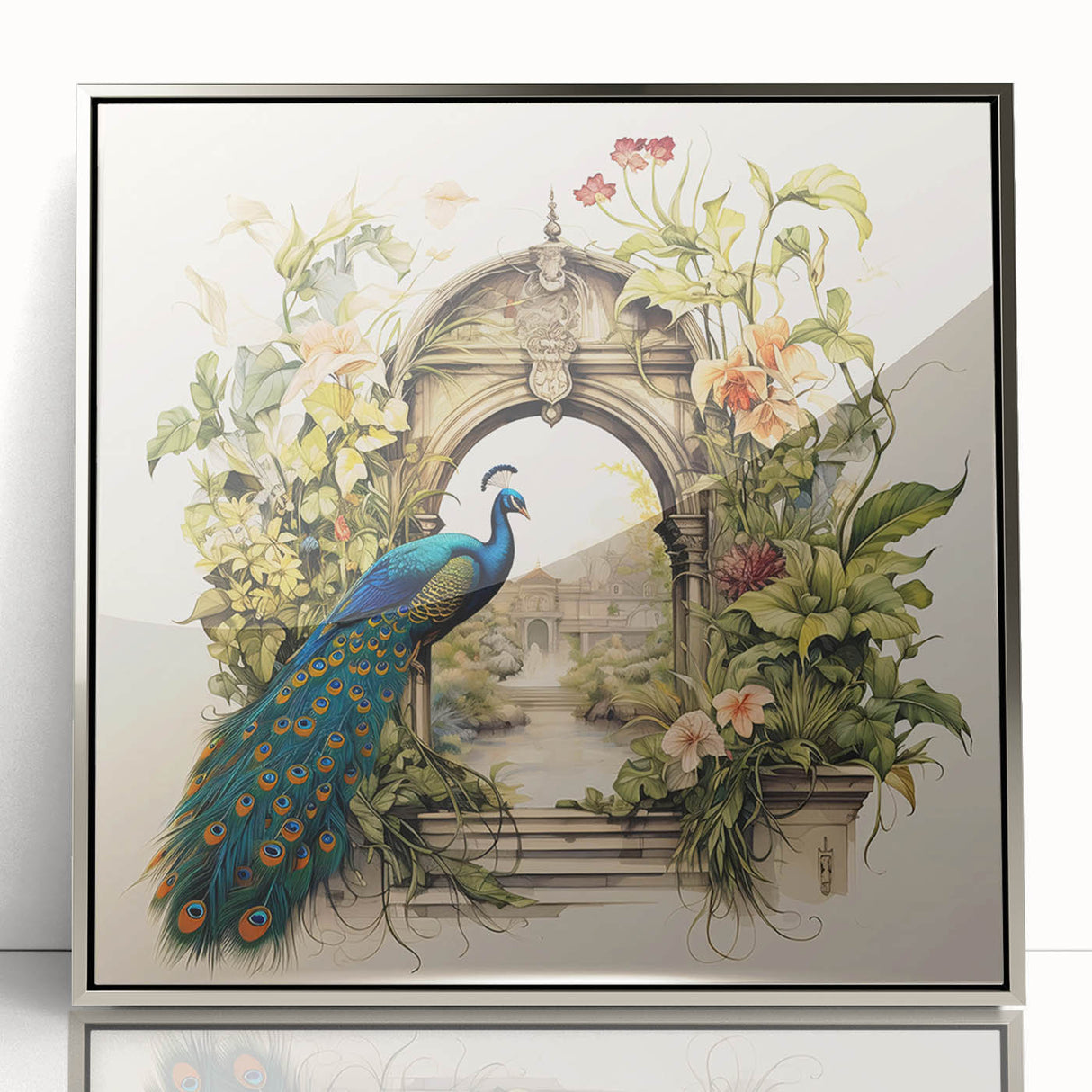 Framed wall art featuring a vibrant peacock design on an acrylic surface, showcased in a silver frame, perfect for enhancing modern decor with elegance.