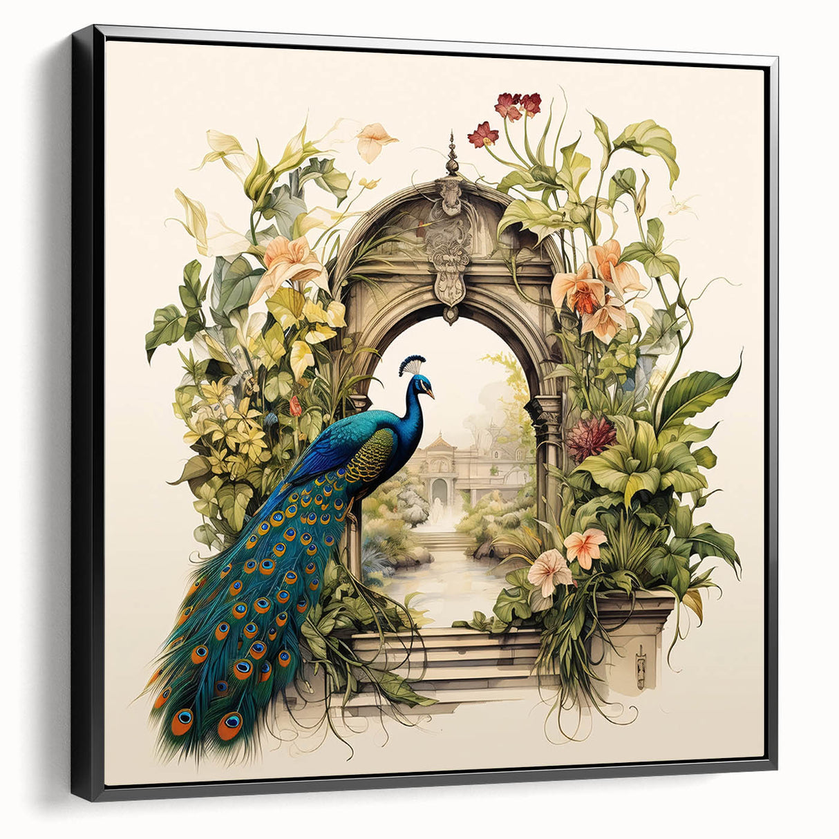 Framed canvas wall art showcasing a vibrant peacock design with intricate details and rich colors, set against a sleek black frame for an elegant touch. Perfect for enhancing modern home decor.