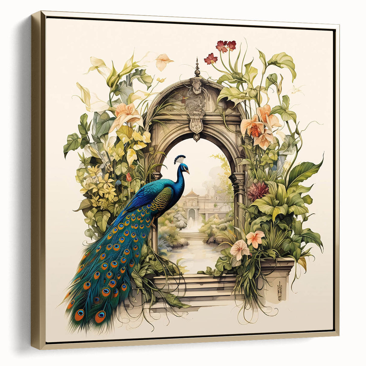Framed wall art featuring a vibrant peacock design with rich gold accents, showcasing detailed feathers and elegant colors, ideal for enhancing home decor.