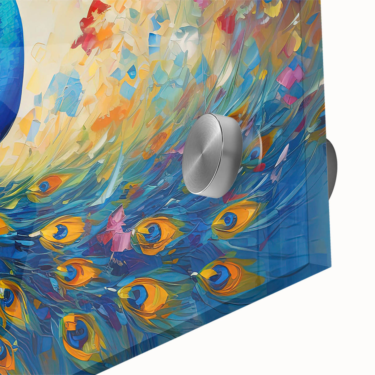 Close-up view of vibrant peacock wall art design on acrylic glass, showcasing intricate details and rich colors, ideal for enhancing home decor.