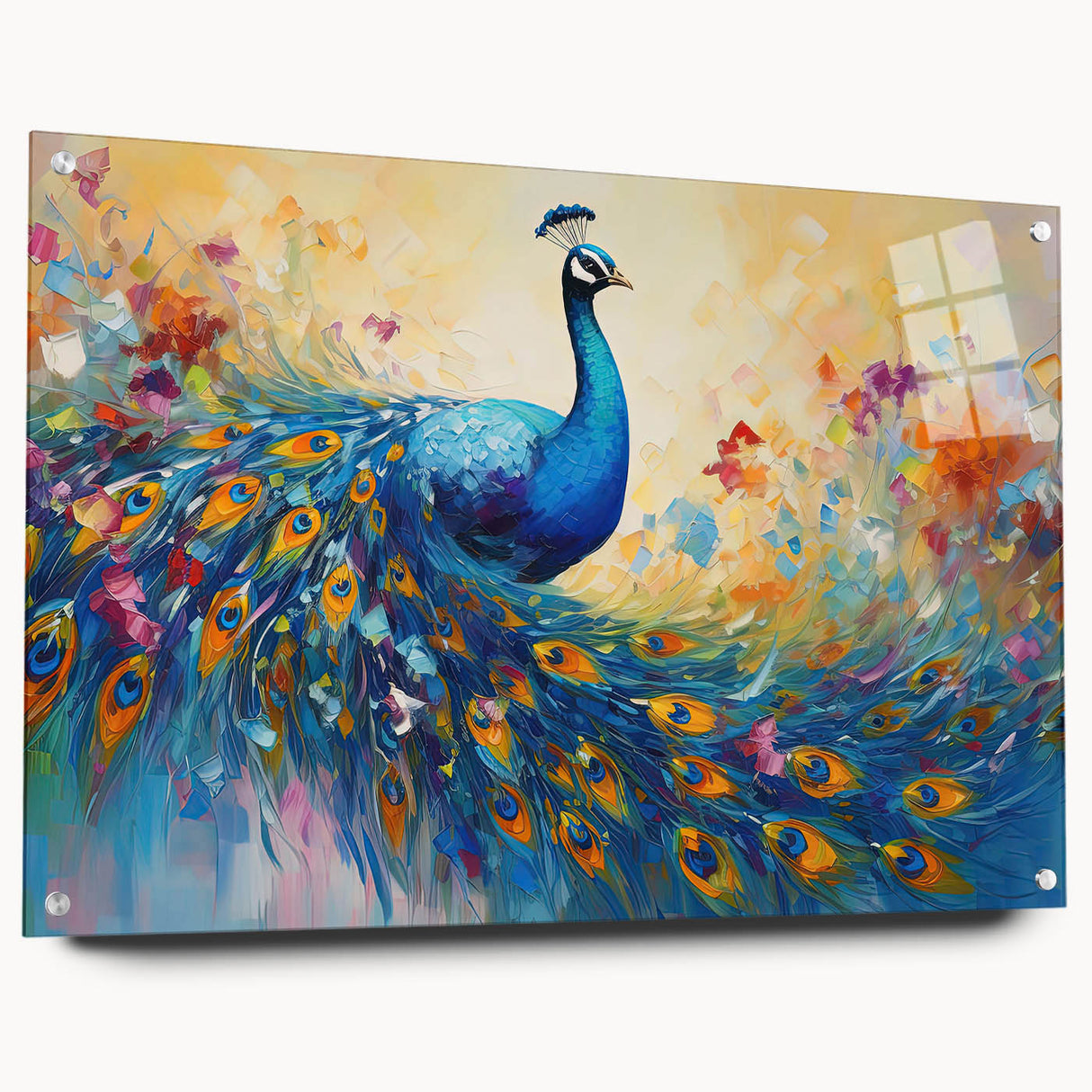 Vibrant peacock design wall art collection in acrylic glass, showcasing intricate details and vivid colors, displayed with stylish pins against a modern backdrop.