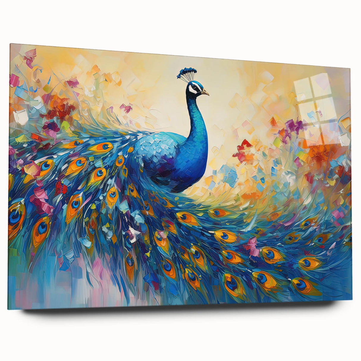 Vibrant peacock design wall art collection displayed in acrylic glass, showcasing intricate details and rich colors, perfect for enhancing modern home decor.