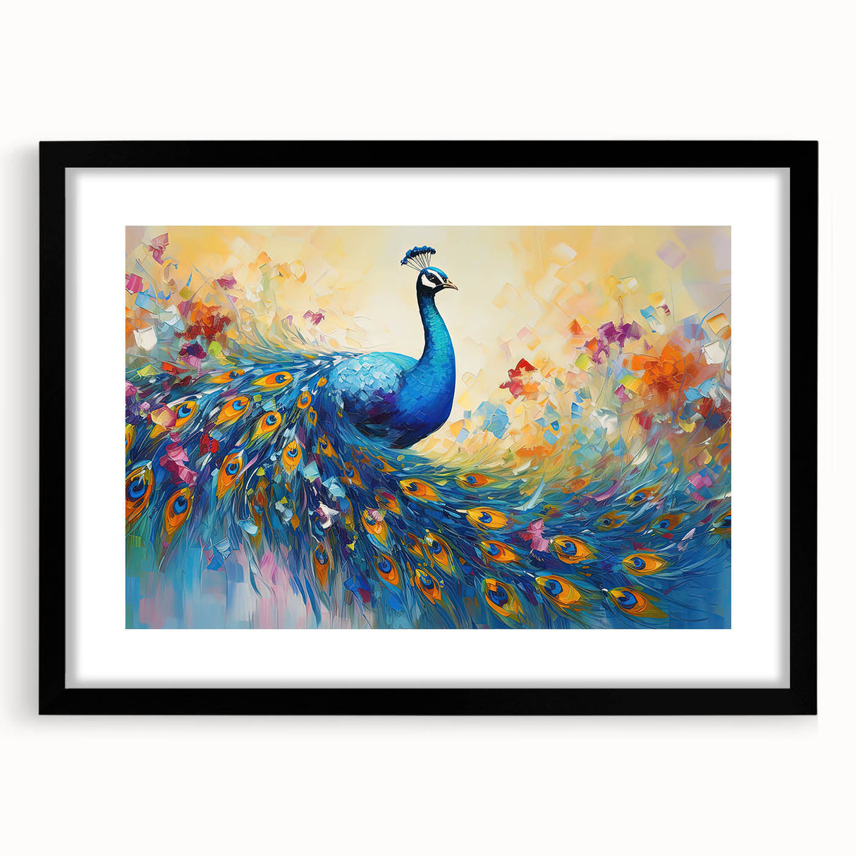 Peacock design wall art collection framed with a black mat, showcasing vibrant colors and intricate details, perfect for enhancing home decor aesthetics.