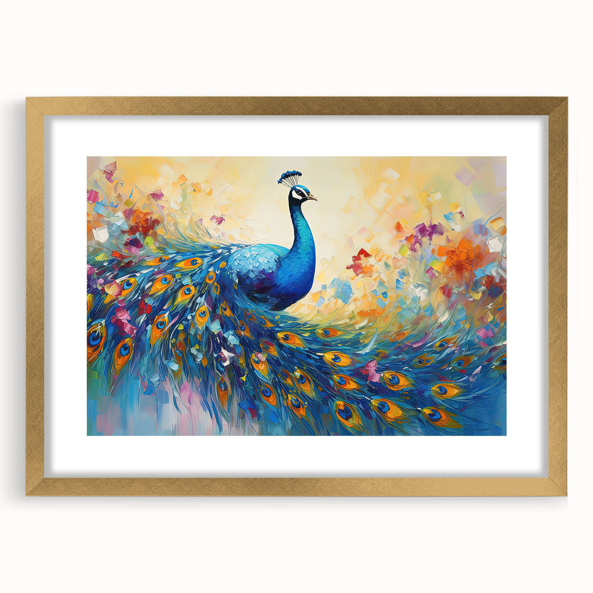 Elegant wall art featuring a peacock design in gold tones, framed with a matte finish, perfect for adding a luxurious touch to home decor. Ideal for nature and bird lovers.
