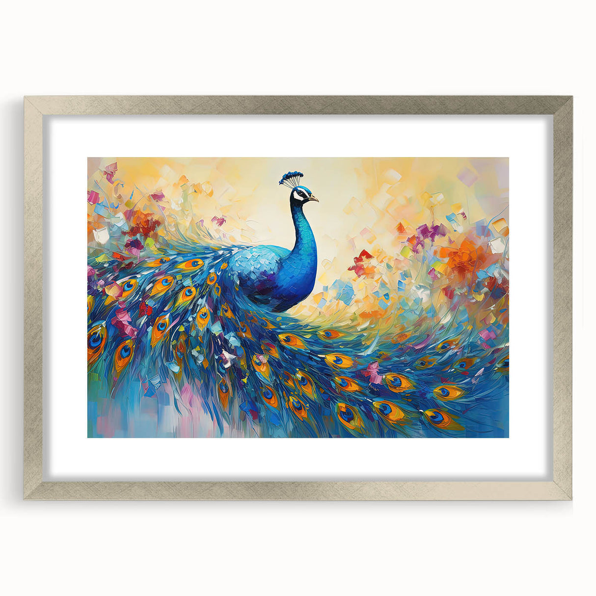 Peacock-themed wall art in an ornate silver frame, showcasing vibrant colors and intricate feather details, ideal for home decor and nature lovers.