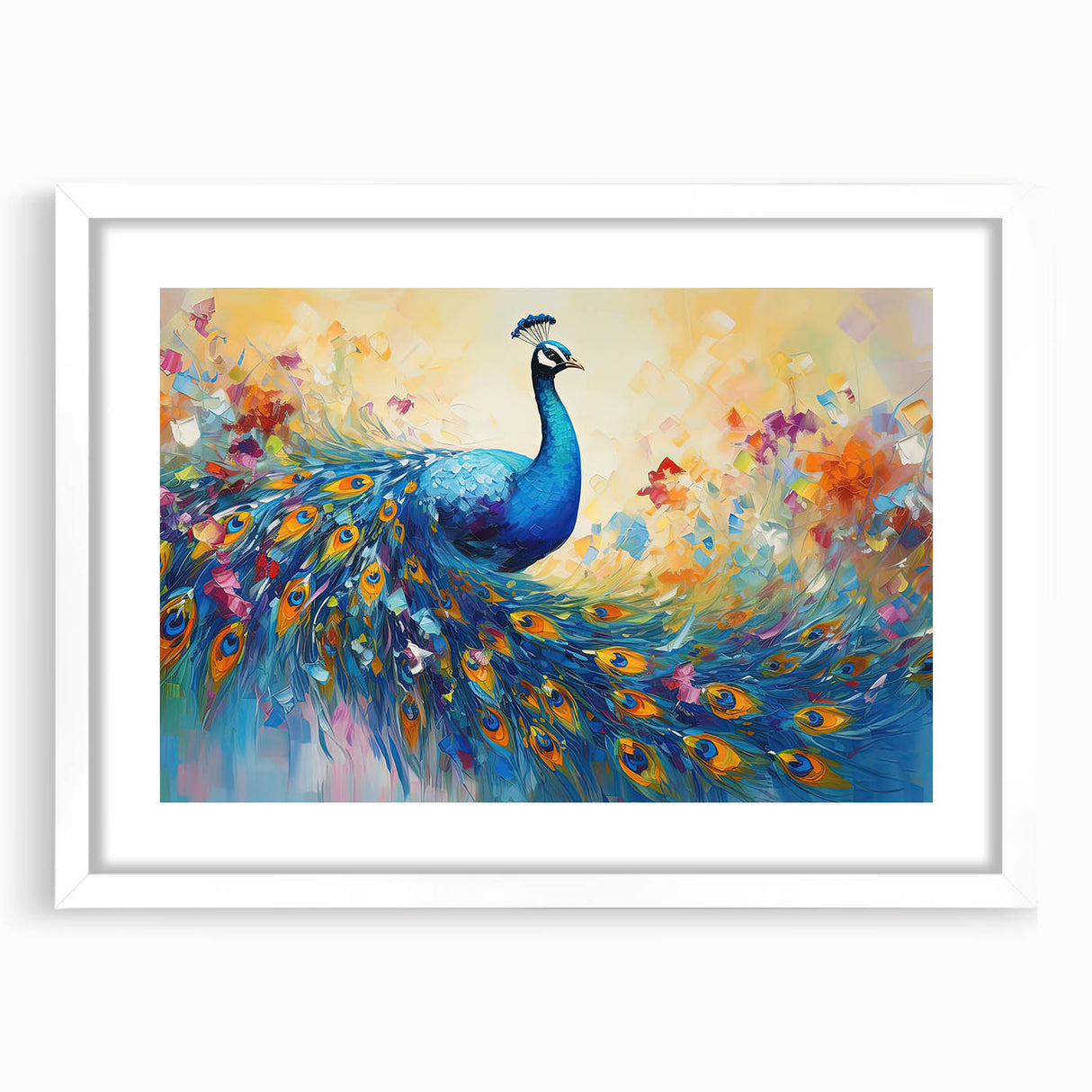 Elegant wall art featuring a vibrant peacock design, framed with a white mat, perfect for enhancing modern decor and adding a touch of nature-inspired beauty to any space. Ideal for art lovers seeking unique home accents.