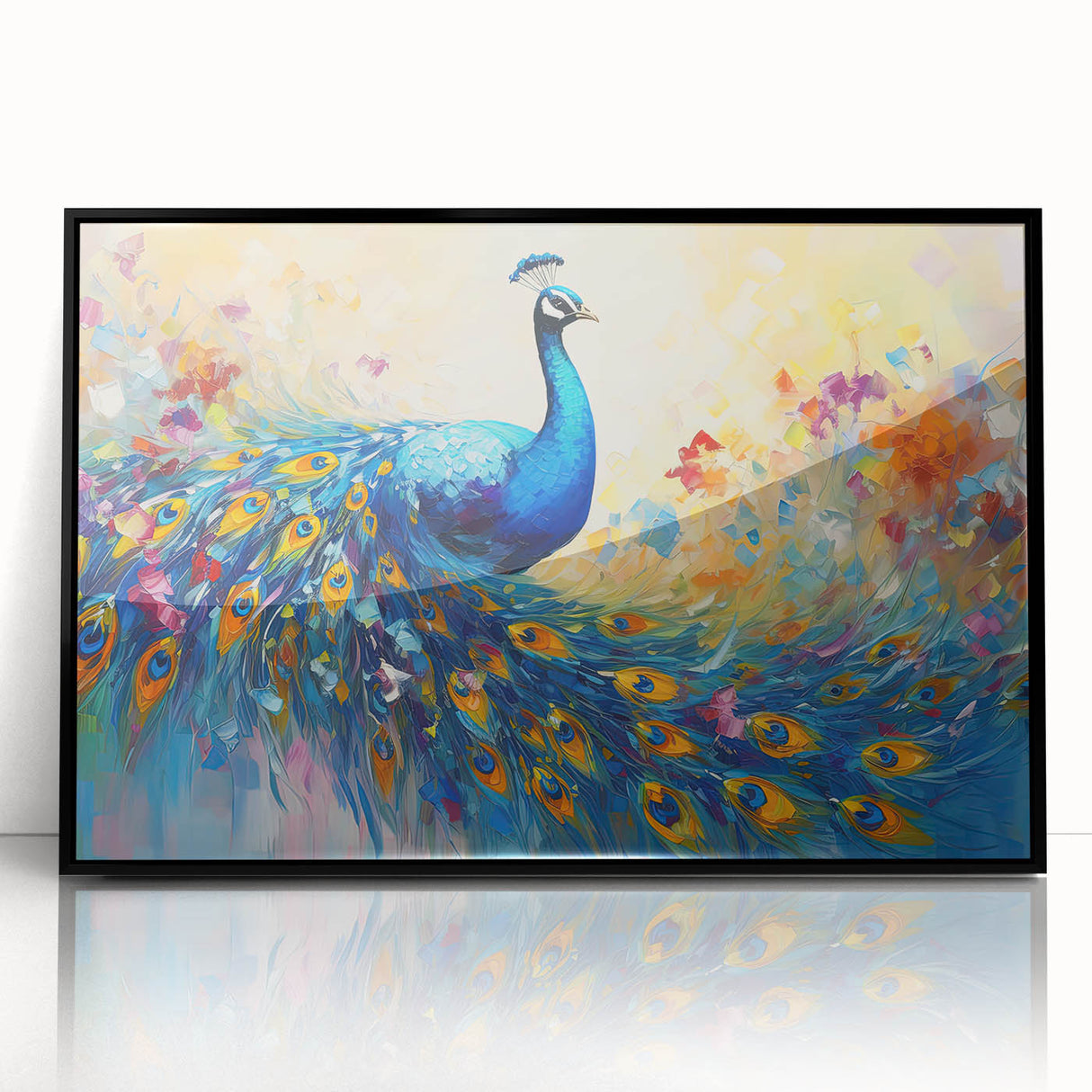 Framed wall art featuring a vibrant peacock design with intricate details, set in a sleek black frame, perfect for enhancing modern home decor aesthetics.