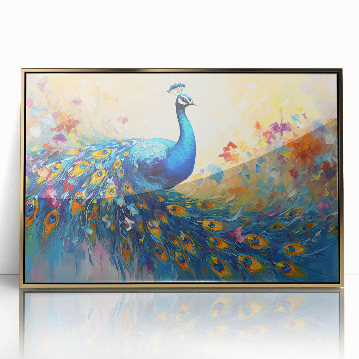 Framed wall art collection showcasing a vibrant peacock design with intricate gold accents, set against a sleek acrylic background, perfect for modern decor.