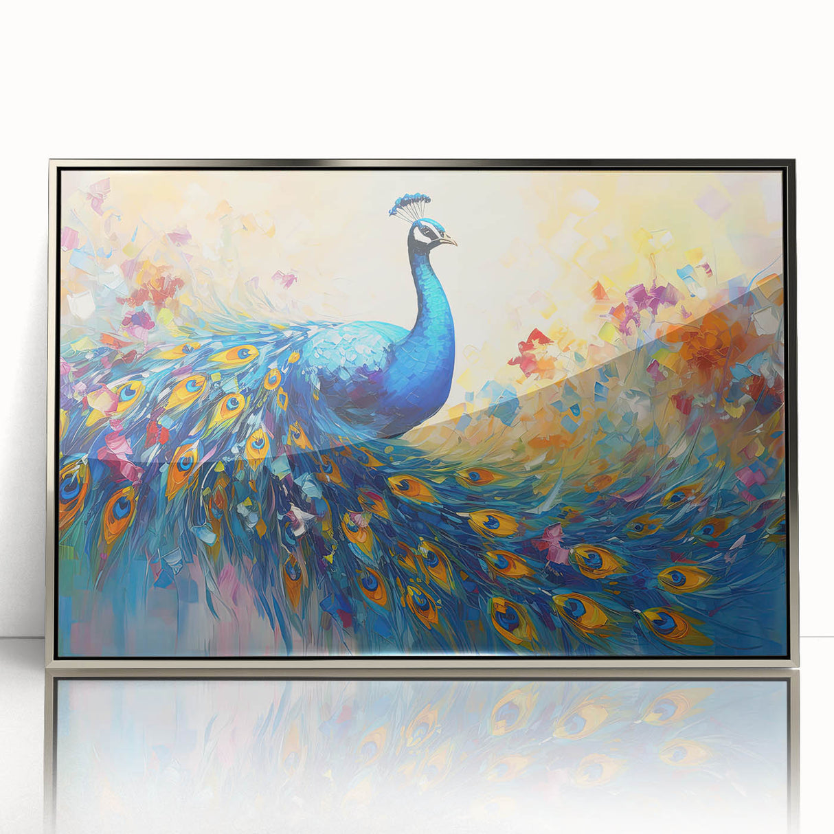 Framed wall art featuring an intricate peacock design in vibrant colors, set against a silver background, perfect for adding elegance to home decor.