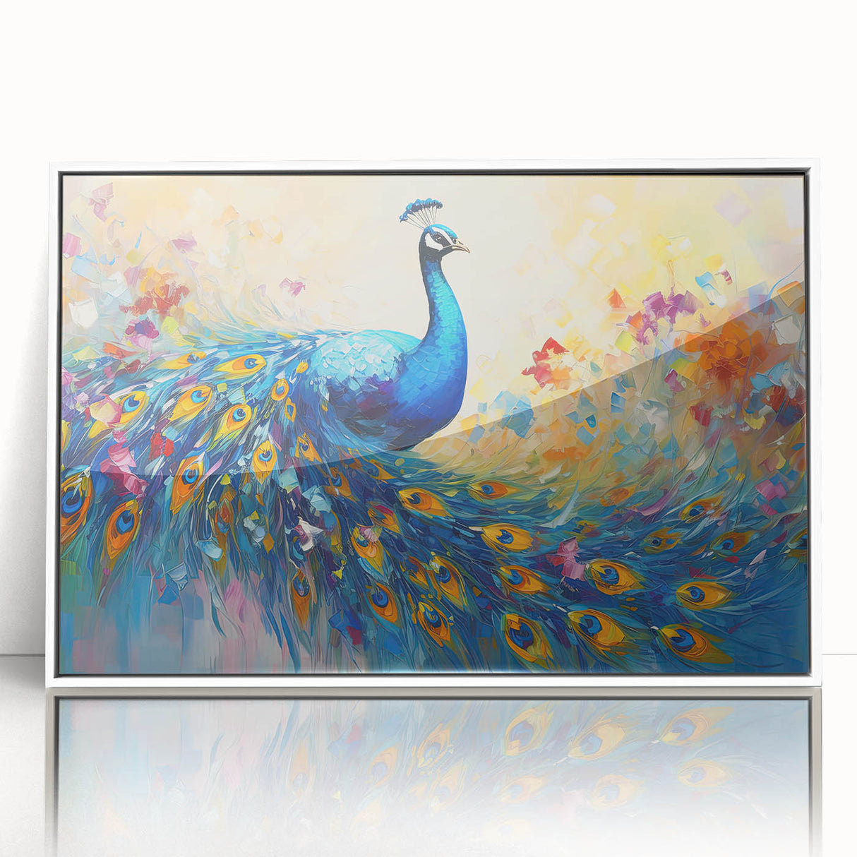 Framed wall art featuring a vibrant peacock design with intricate details in blue and green hues, set against a white background, perfect for home decor.