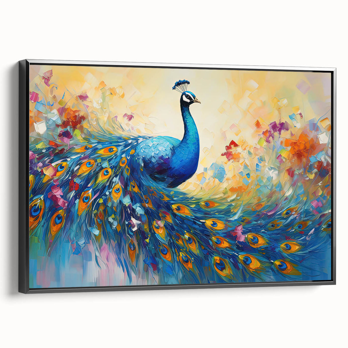 Framed wall art featuring a stunning peacock design on a textured canvas, presented in a sleek black frame, ideal for enhancing modern interior decor.