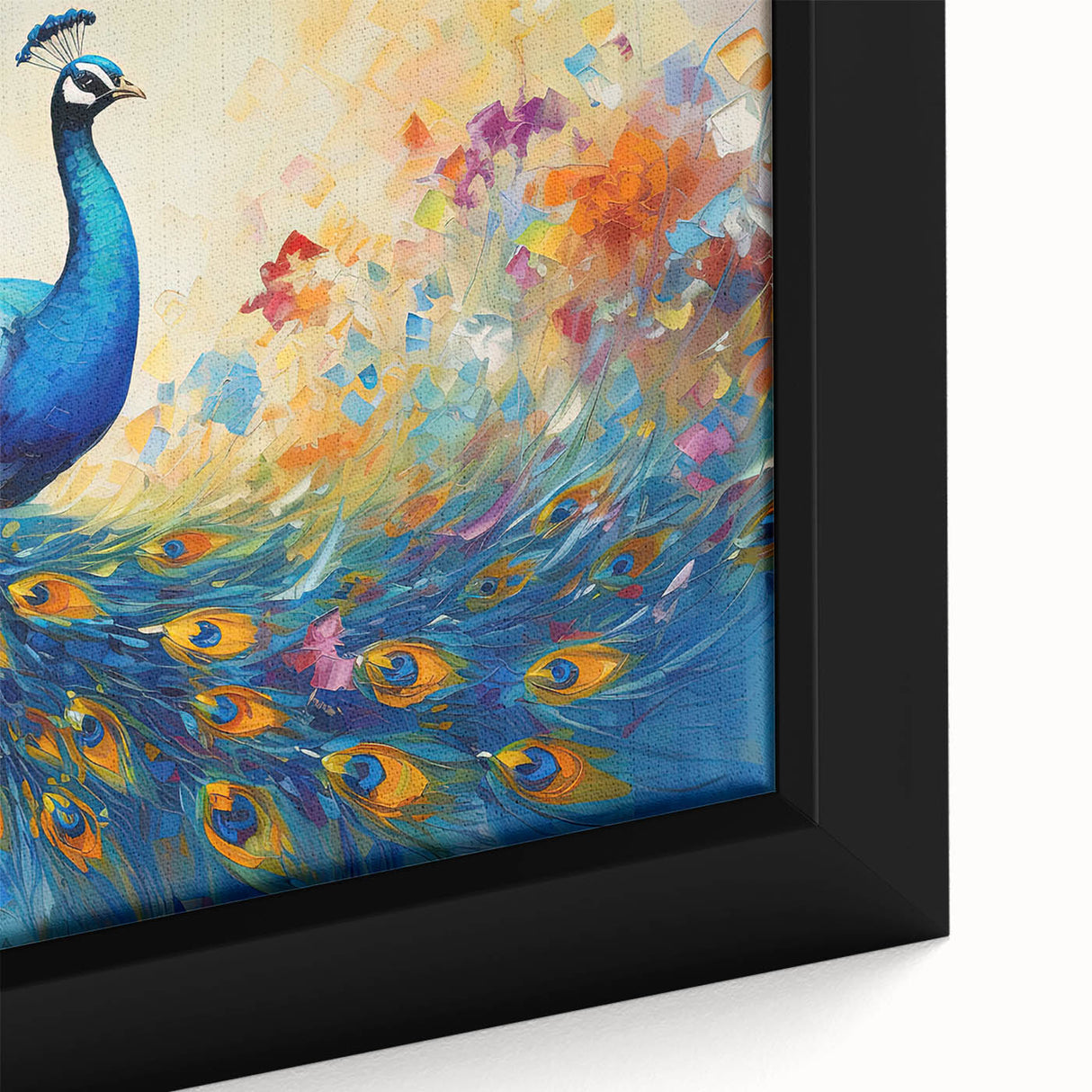 Close-up of a framed canvas wall art showcasing a vibrant peacock design with intricate feather details, ideal for enhancing modern home decor aesthetics.
