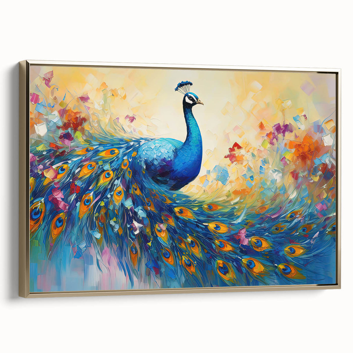 Framed canvas wall art featuring a vibrant peacock design with gold accents, showcasing intricate details and elegant colors, perfect for adding a touch of luxury to home decor.