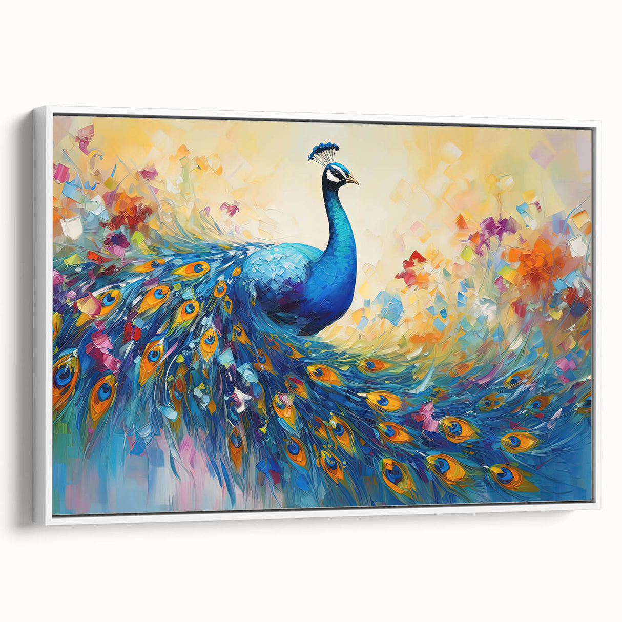 Framed canvas wall art showcasing an intricate peacock design in vibrant colors, with a sleek white frame, ideal for modern home decor and artistic expression.