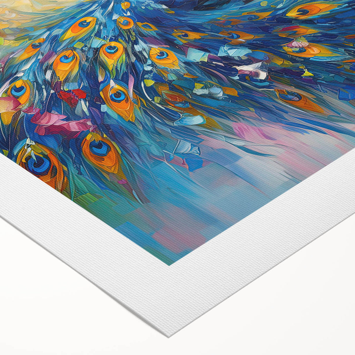 Vibrant peacock design wall art on rolled canvas, showcasing intricate feather patterns in blue and green hues, perfect for adding elegance to home decor.