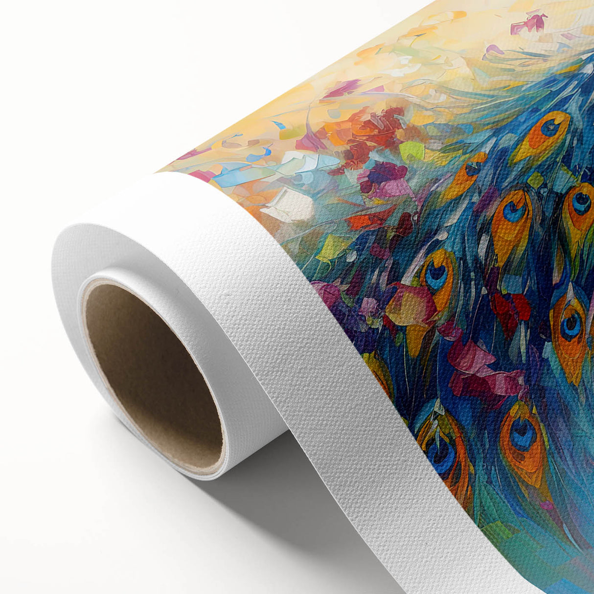 Vibrant rolled canvas showcasing a stunning peacock design wall art, featuring intricate details and rich colors, ideal for enhancing home decor aesthetics.