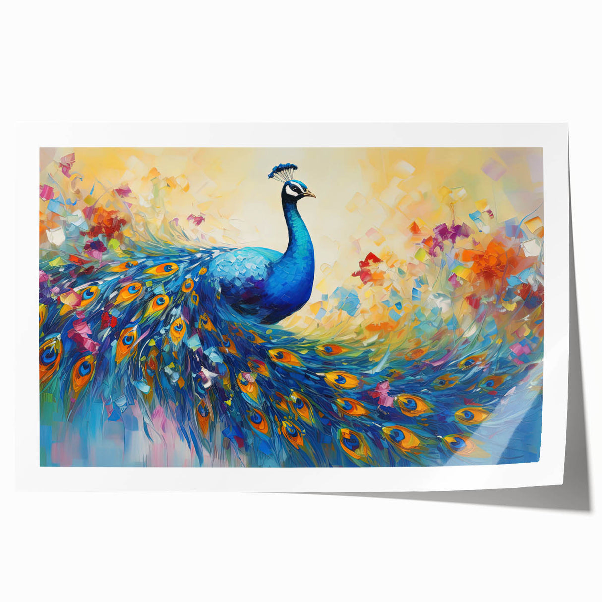 Vibrant peacock design wall art print showcasing intricate feather patterns in rich blues and greens, rolled for easy display and shipping. Ideal for home decor.
