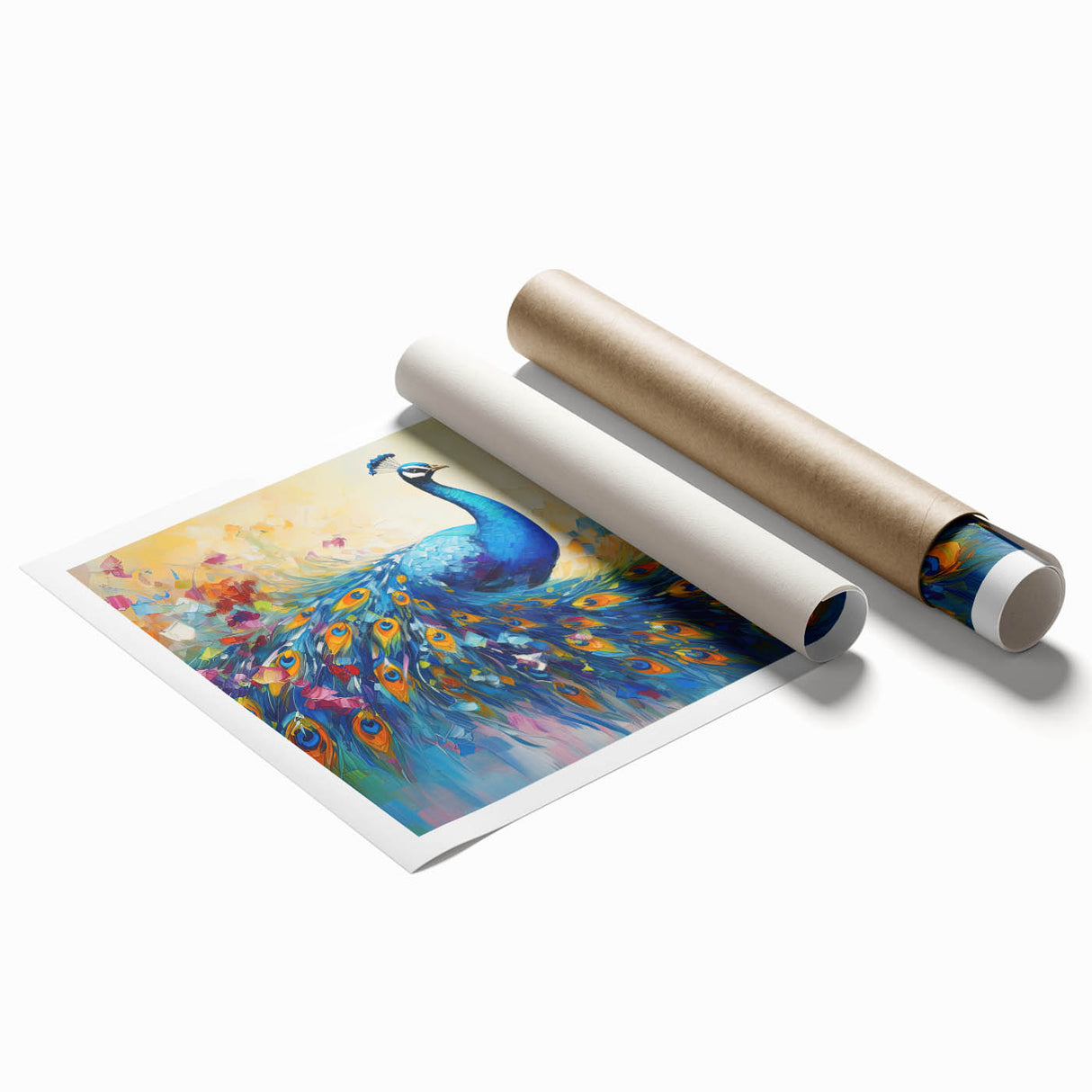 Colorful peacock wall art print showcasing intricate feather designs in vibrant blues and greens, rolled for easy shipping and display in any decor setting.