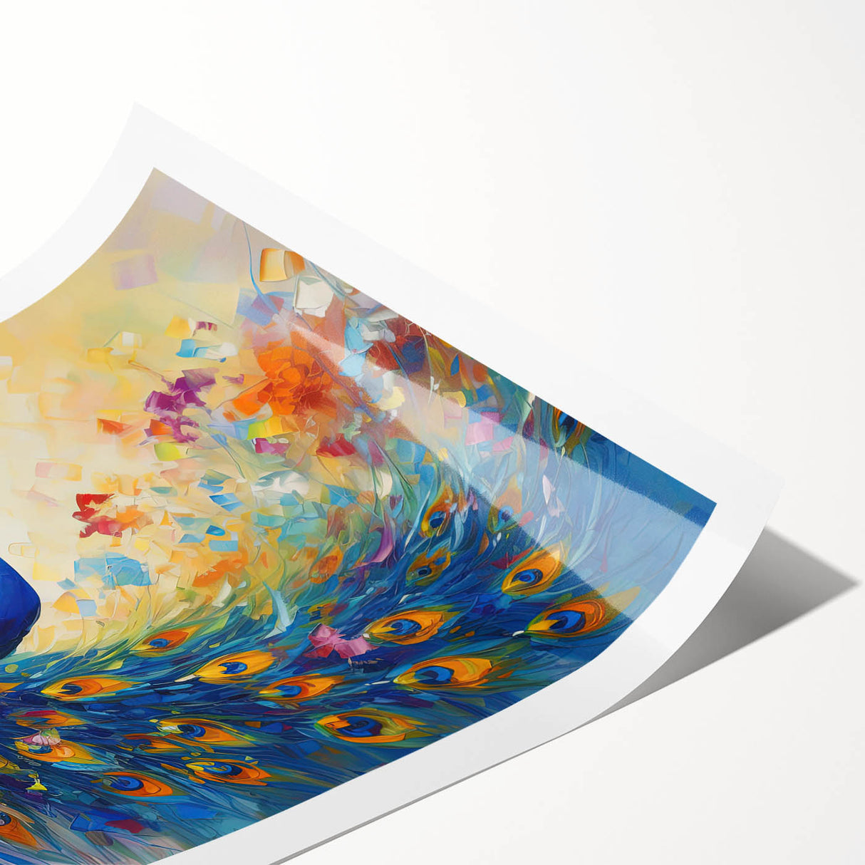 Peacock-themed wall art print showcasing vibrant colors and intricate feather details, rolled for easy shipping and display, perfect for enhancing home decor.