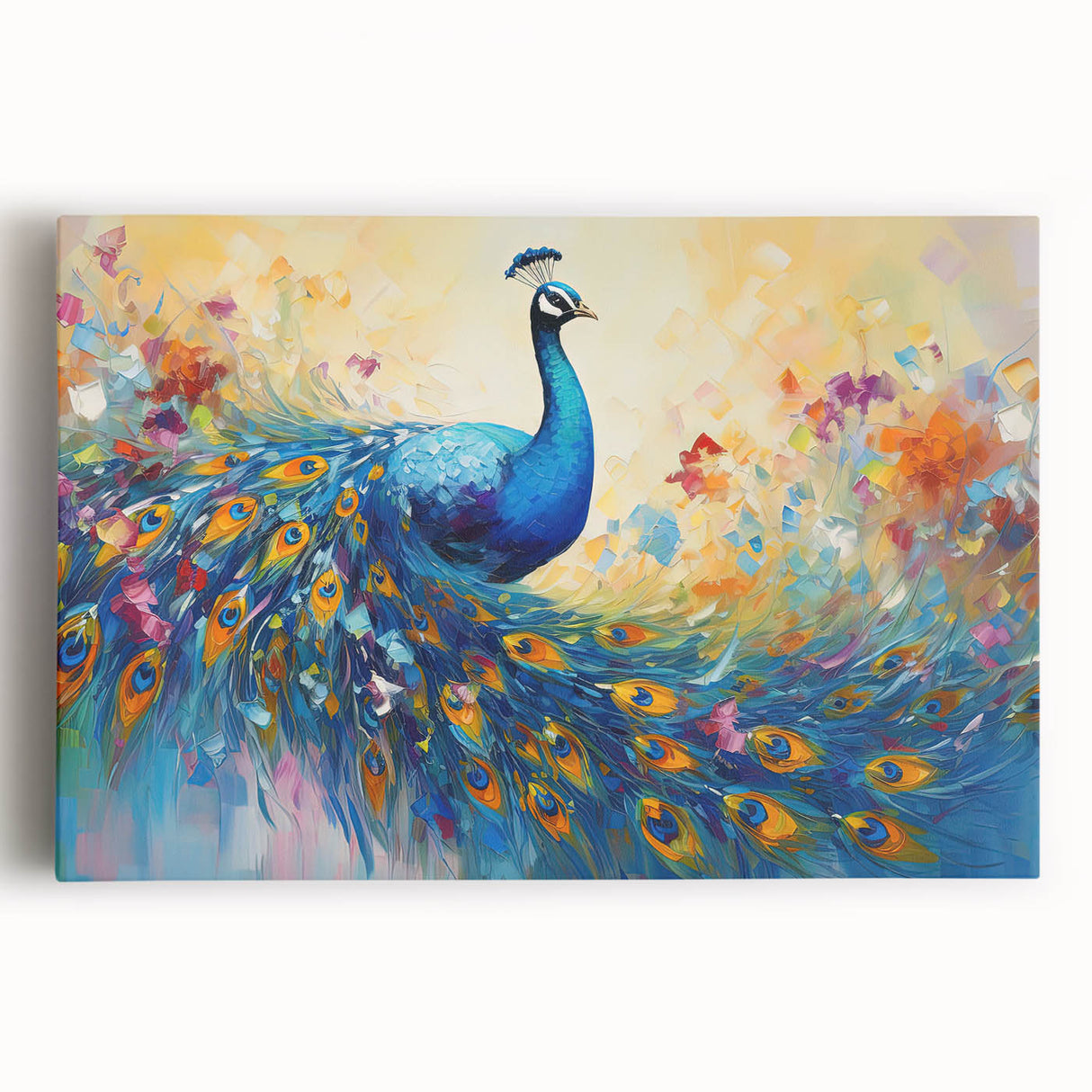 Vibrant peacock-themed wall art in a striking colorful design, featuring intricate details on a stretched canvas, perfect for enhancing home decor and artistic flair.