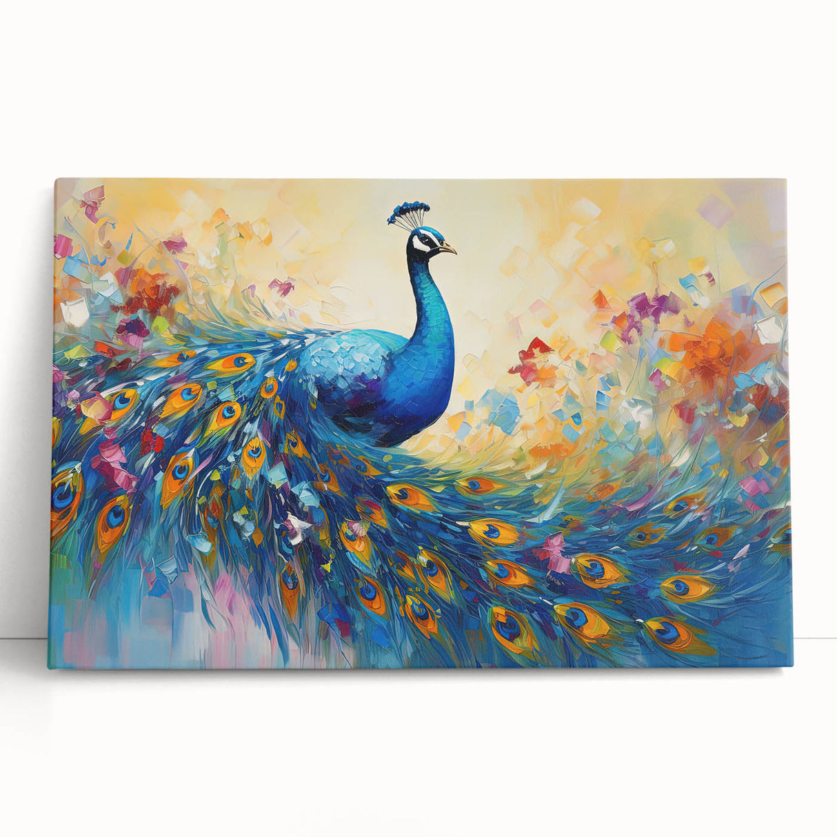 Vibrant peacock design wall art on stretched canvas, showcasing intricate feather details in shades of blue and green, perfect for enhancing home decor.