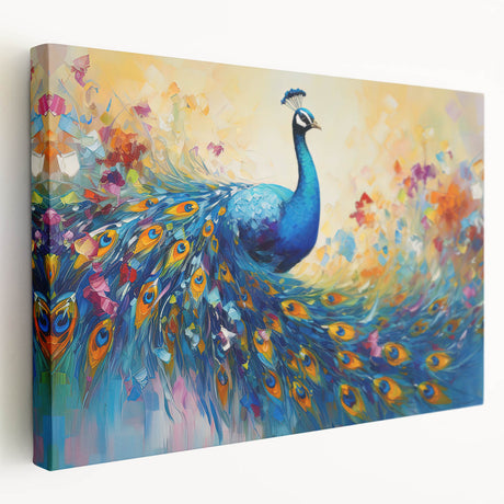Stretched canvas showcasing a vibrant peacock design in rich blues and greens, ideal for enhancing modern decor in living spaces or galleries.