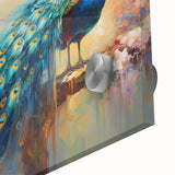 Close-up of an elegant peacock design wall art piece on acrylic glass, showcasing vibrant colors and intricate details, perfect for enhancing home decor.