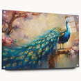 Acrylic wall art collection featuring a vibrant peacock design, displayed in a side view with visible pins, showcasing intricate colors and details ideal for home decor.