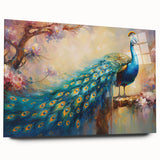 Colorful peacock design wall art collection displayed in acrylic glass, showcasing vibrant blues and greens, perfect for modern home decor.
