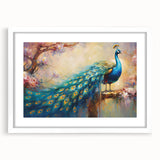 Elegant wall art featuring a vibrant peacock design in rich colors, framed with a white mat, perfect for enhancing home decor and adding a touch of nature-inspired elegance.