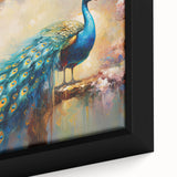 Close-up of a framed canvas wall art featuring a vibrant peacock design with intricate feather details, showcasing rich blues and greens, perfect for adding elegance to any decor.
