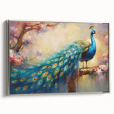 Framed canvas wall art featuring an elegant peacock design in vibrant colors, set against a silver frame, ideal for modern home decor. Perfect for adding a touch of sophistication to living spaces.
