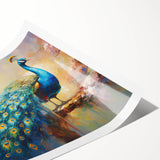 Vibrant peacock-themed wall art print showcasing intricate feather patterns in rich blues and greens, rolled carefully for easy display and protection. Perfect for enhancing home decor with a touch of nature-inspired elegance.