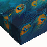 Close-up of a vibrant peacock design on stretched canvas wall art, showcasing intricate feather details and vivid colors, ideal for home decor enhancement.