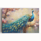 Stretched canvas wall art featuring a vibrant peacock design with intricate feather details, perfect for enhancing home decor in contemporary or bohemian styles.