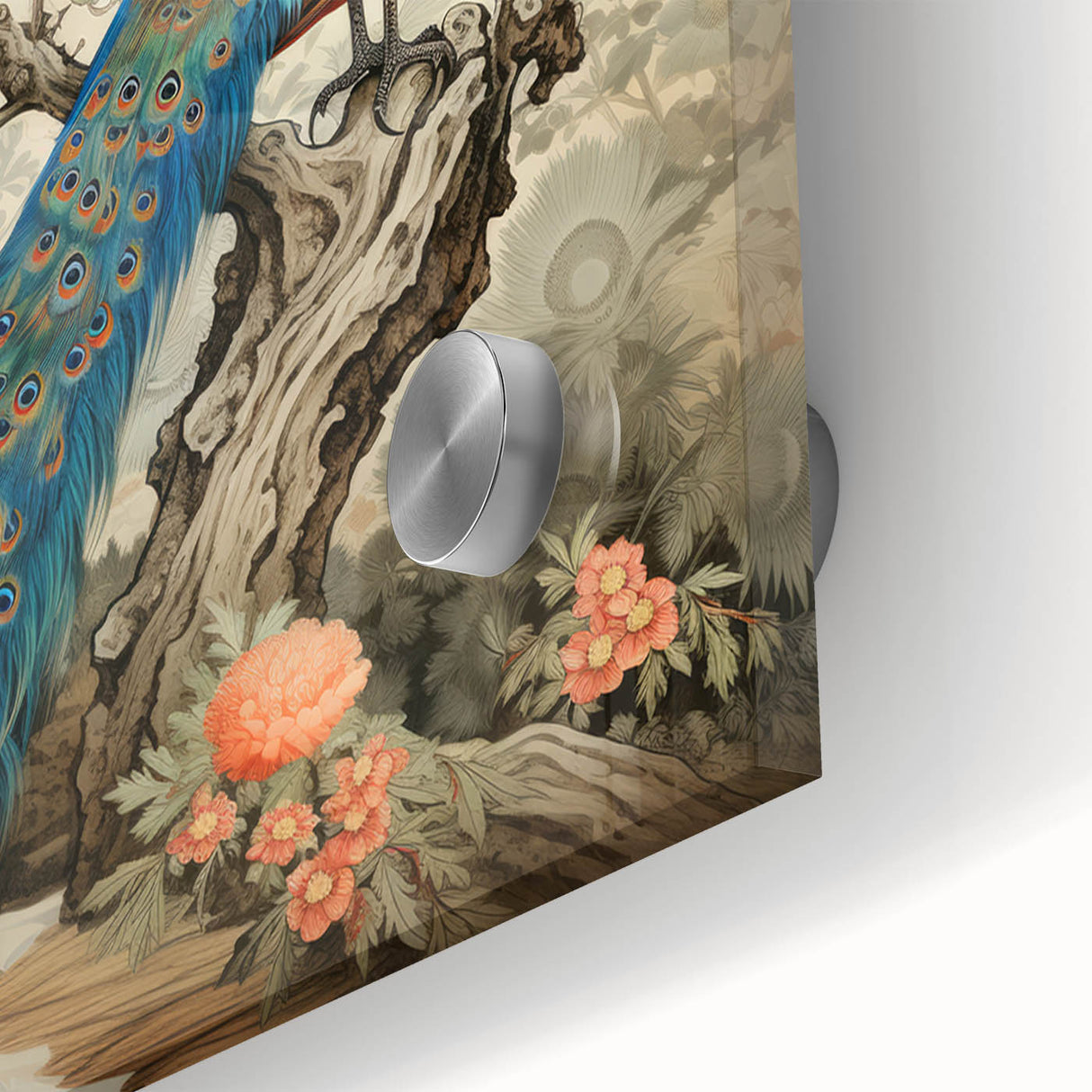 Close-up of vibrant peacock-themed wall art design on acrylic glass, showcasing intricate feather details and vivid colors, ideal for modern decor.