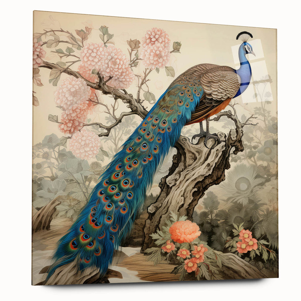 Elegant wall art featuring a vibrant peacock design on acrylic glass, showcasing rich colors and intricate details. Ideal for enhancing modern home decor.