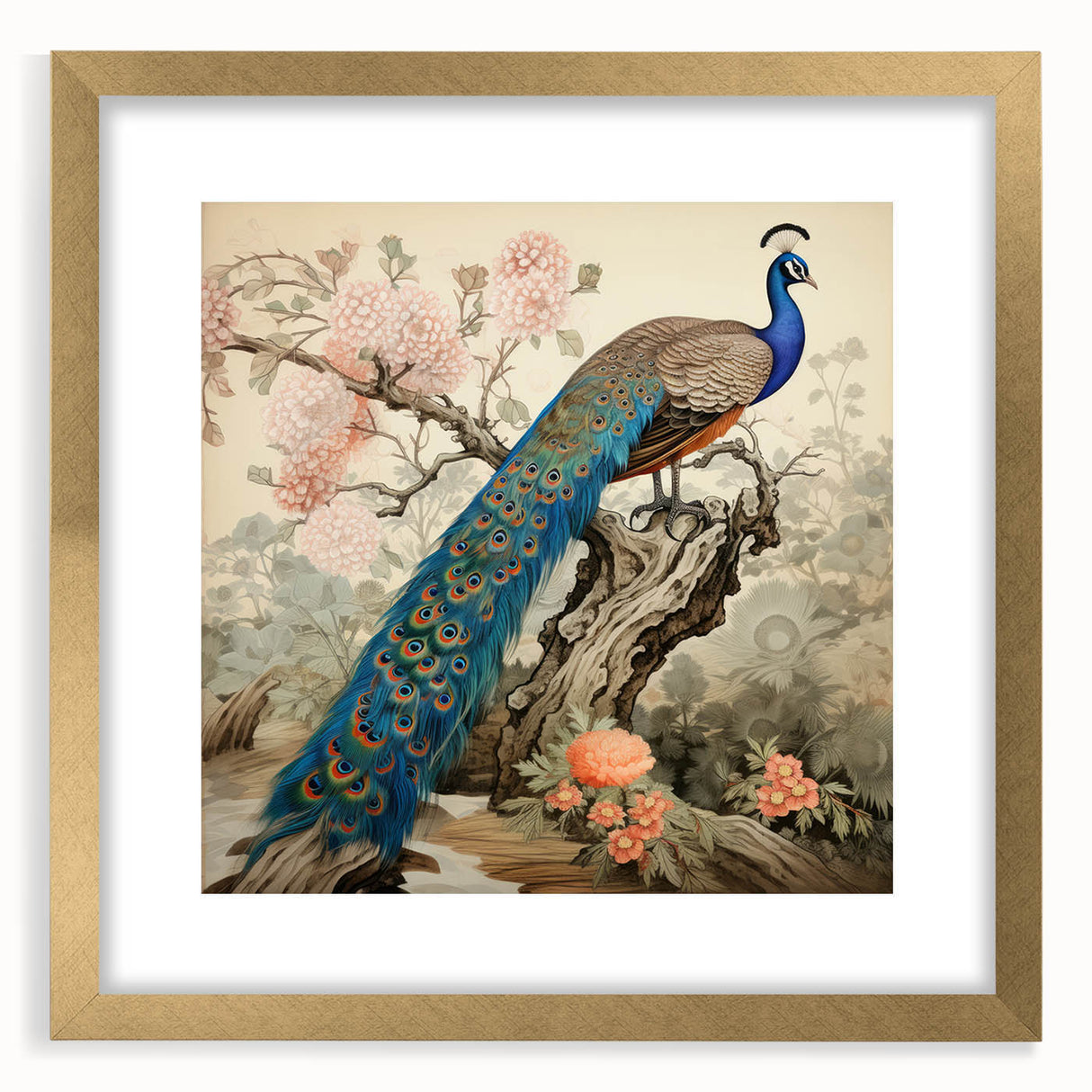 Elegant wall art frame showcasing a peacock design with intricate details, featuring a gold mat and a sleek front view, perfect for enhancing home decor.