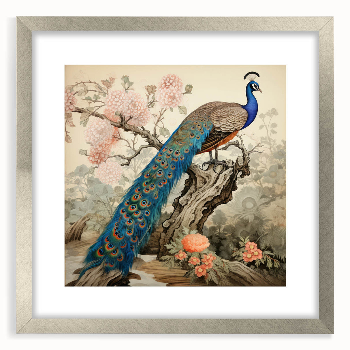 Peacock design wall art collection framed in silver, showcasing intricate details and vibrant colors, ideal for enhancing home decor with elegance and style.