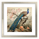 Peacock design wall art collection framed in silver, showcasing intricate details and vibrant colors, ideal for enhancing home decor with elegance and style.