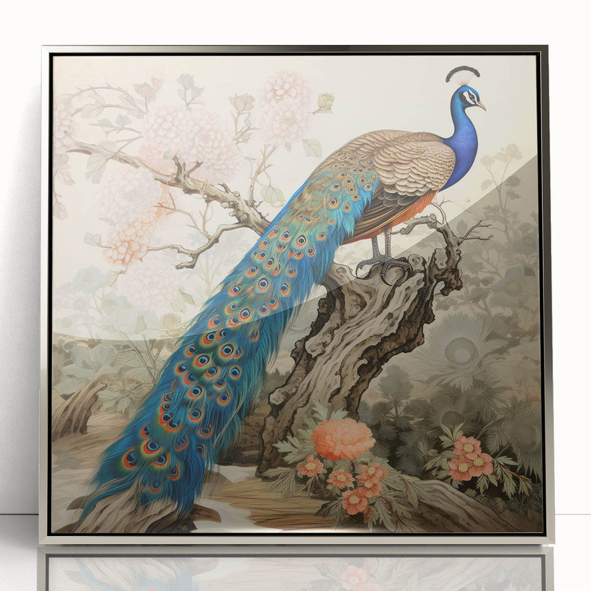 Framed wall art featuring a peacock design in vibrant colors, set in a sleek silver frame, ideal for adding elegance to modern home decor.