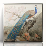 Framed wall art featuring a peacock design in vibrant colors, set in a sleek silver frame, ideal for adding elegance to modern home decor.
