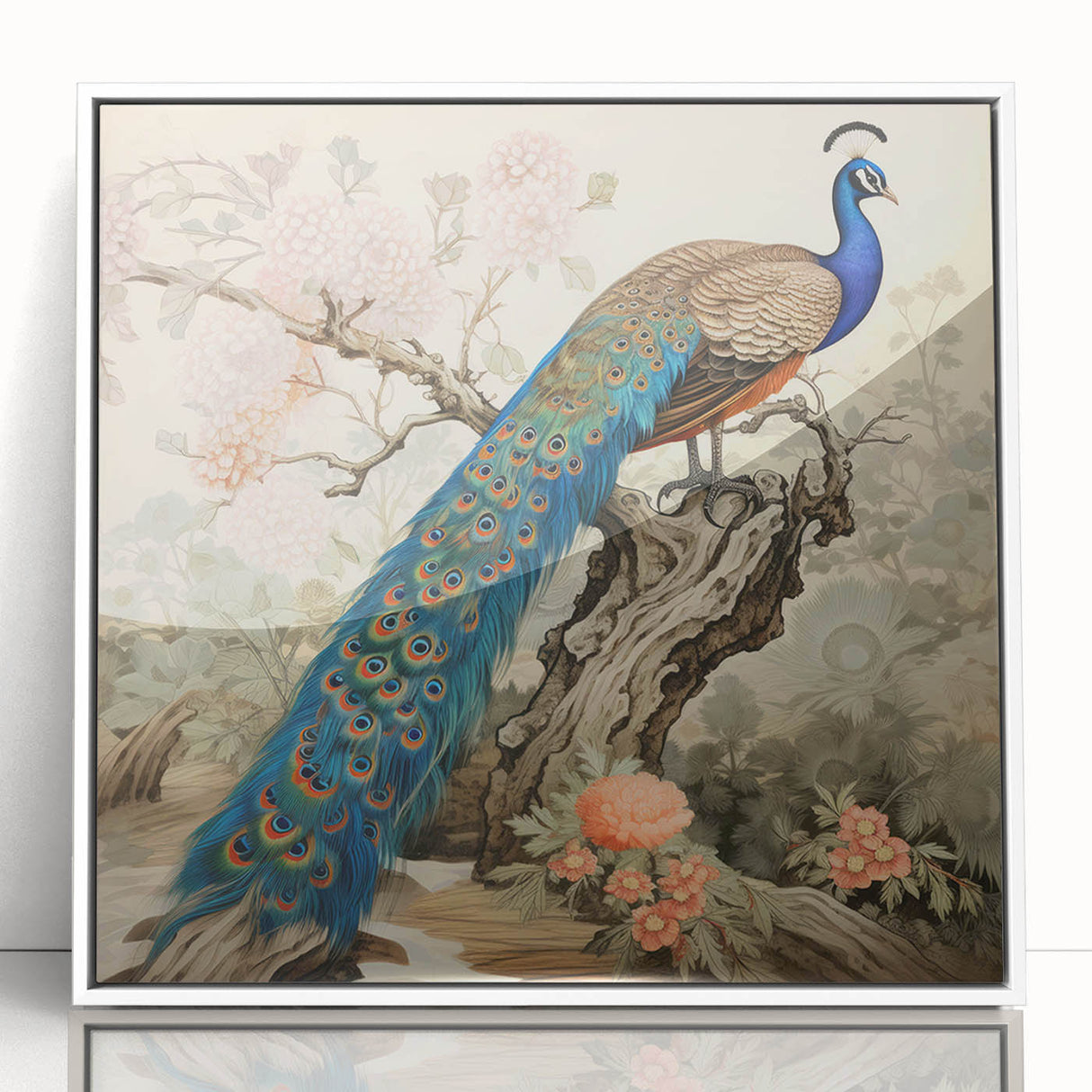 Framed wall art featuring a vibrant peacock design with intricate details in shades of blue and green, set against a classic white background, perfect for home decor.