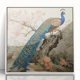 Framed wall art featuring a vibrant peacock design with intricate details in shades of blue and green, set against a classic white background, perfect for home decor.