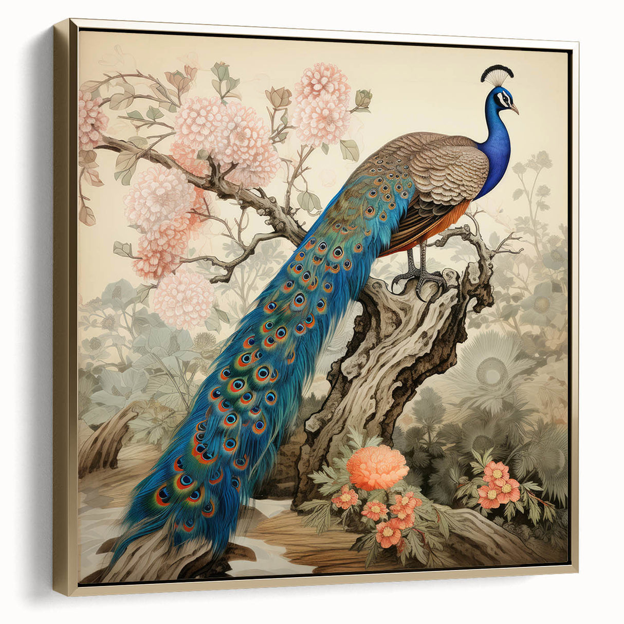 Framed canvas wall art showcasing a vibrant peacock design with rich gold accents and intricate details, perfect for adding elegance to any home decor setting.
