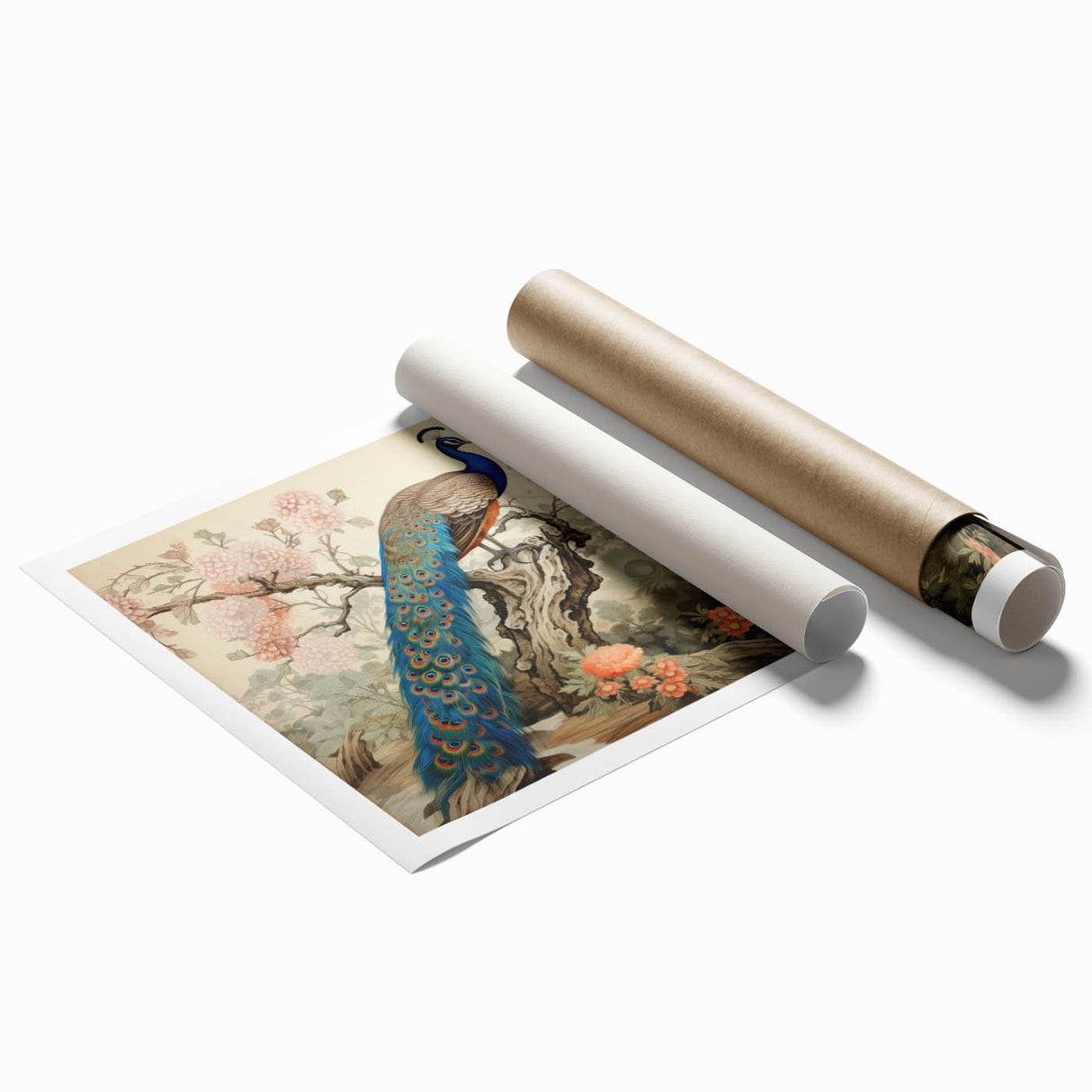 Vibrant peacock design wall art featuring intricate details in rich blue and green hues, rolled and ready for display in home decor settings.