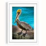 Framed wall art featuring a pelican design in soft pastel colors, complete with a white mat, showcasing a serene coastal aesthetic ideal for home decor.