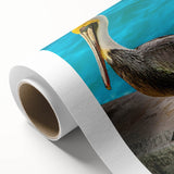Colorful rolled canvas wall art depicting a pelican in a vibrant coastal setting, showcasing intricate details and textures, perfect for enhancing home decor.